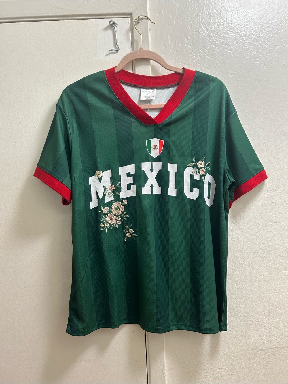 Zoe + Liv Green Athletic Tee with Red Trim and Mexico Crest
